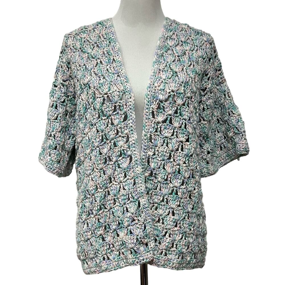 Crochet Cardigan Granny Stitch Handmade Sweater Short Sleeve Cotton Women’s Sz L